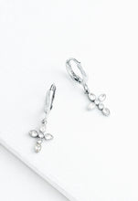 Load image into Gallery viewer, Platinum Shimmering Cross Huggie Earrings