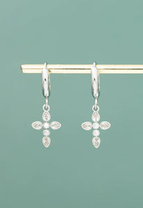 Platinum Shimmering Cross Huggie Earrings