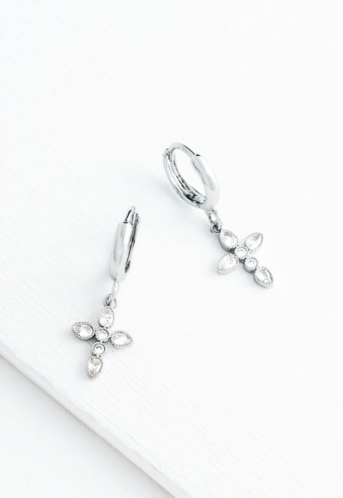 Platinum Shimmering Cross Huggie Earrings